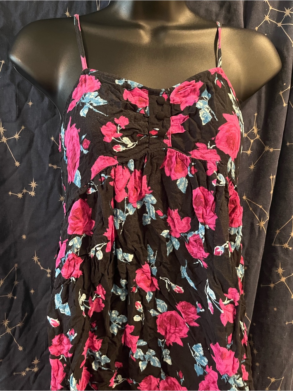 Forever 21 Black Floral Spaghetti-Strap Mini Dress - Pink & Blue Rose Print